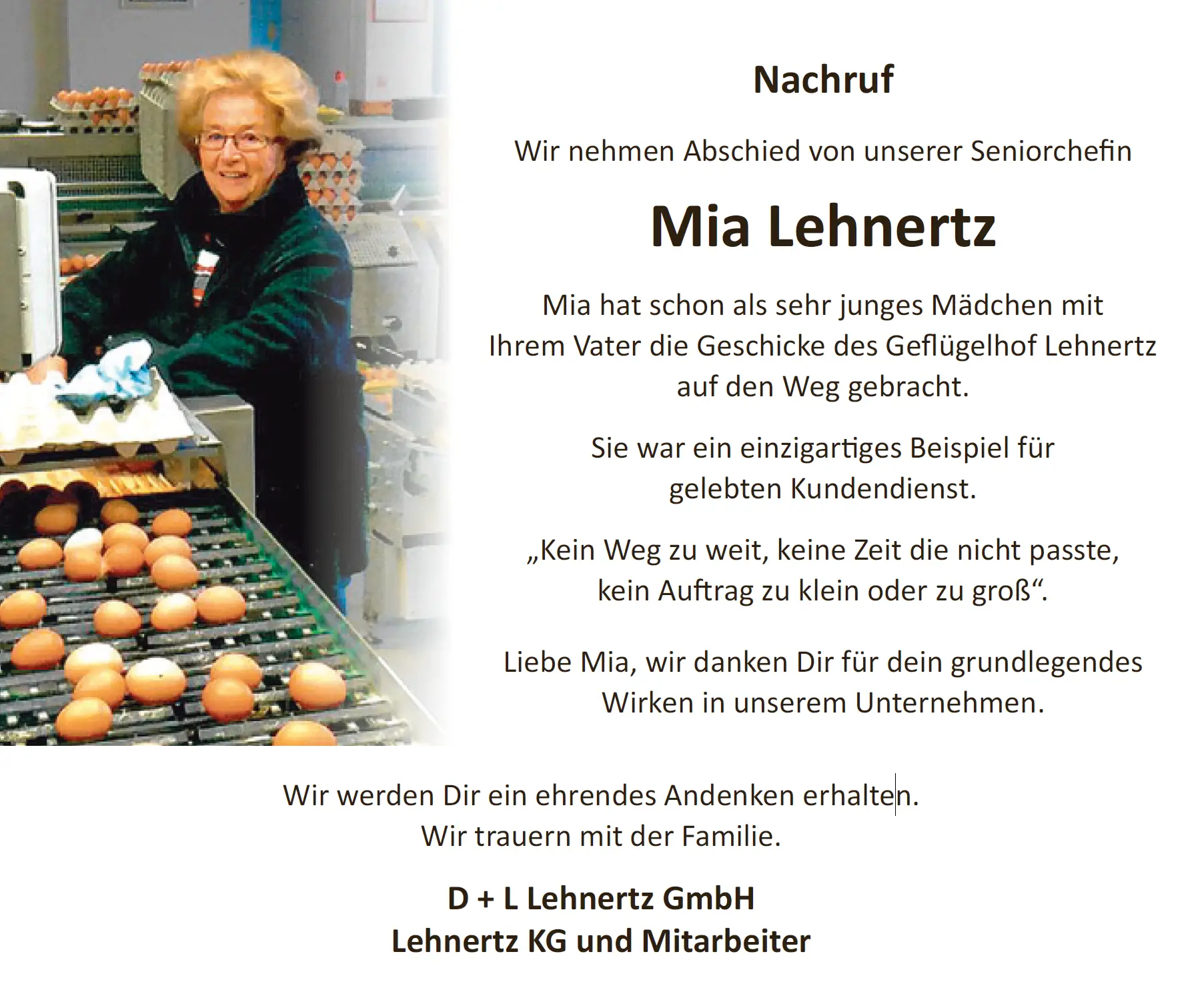 Nachruf: Wir nehmen Abschied von unserer Seniorchefin Mia Lehnertz Nachruf: Wir nehmen Abschied von unserer Seniorchefin Mia Lehnertz
